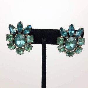 1960s Blue and Turquoise Floral Rhinestone Earrings, Old Hollywood, Vintage Clip